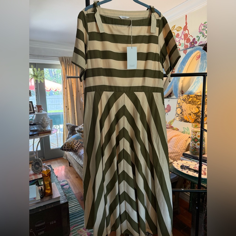 Toast Striped Dress in Olive and Cream 14 NWT